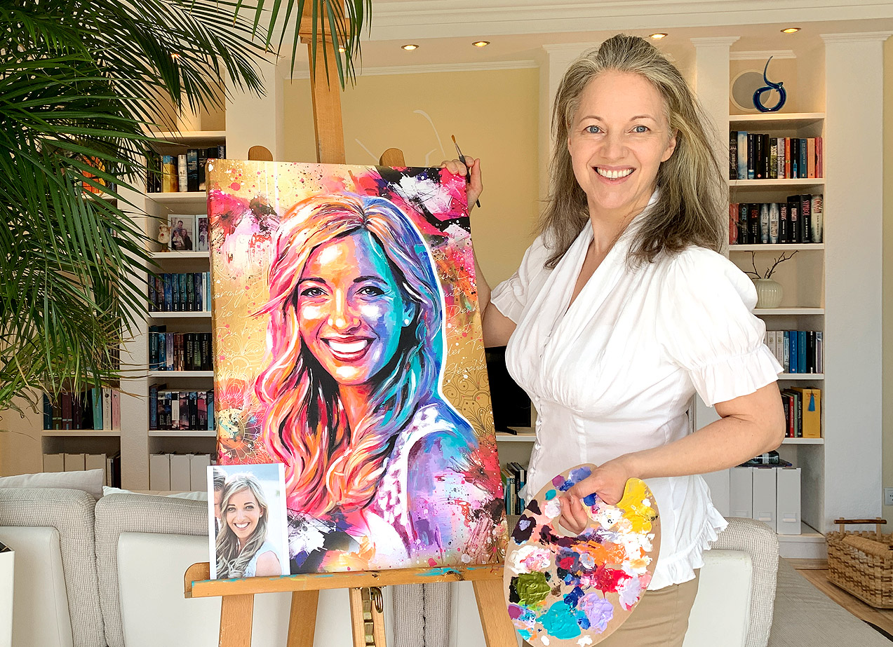 Handgemaltes Pop Art Portrait vom Foto im Atelier vom Künstler aus Tirol Österreich