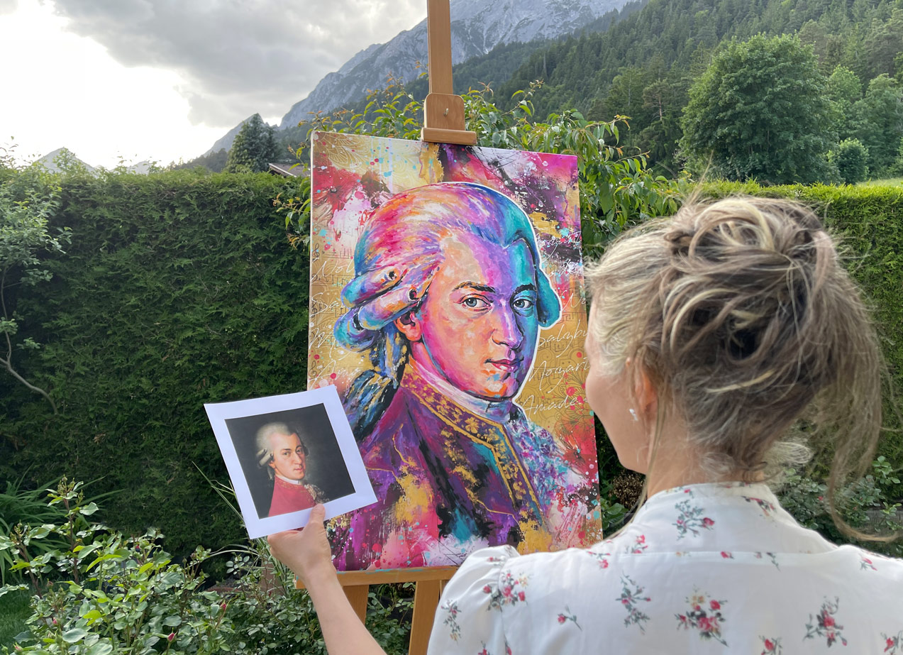 2026 05 Mozart Vom Foto Portrait vom Foto malen lassen - Portrait Mozart vom Pop Art Künstler Delizia aus Tirol Österreich