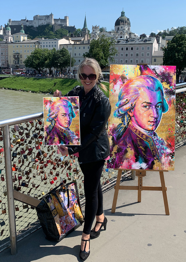 2026 Bine Mit Mozarts Kunst Projekt Moz.Art270 in Salzburg zum 270. Geburtstag von Mozart by Pop Art Künstler Sabine Delizia Egger aus Tirol.